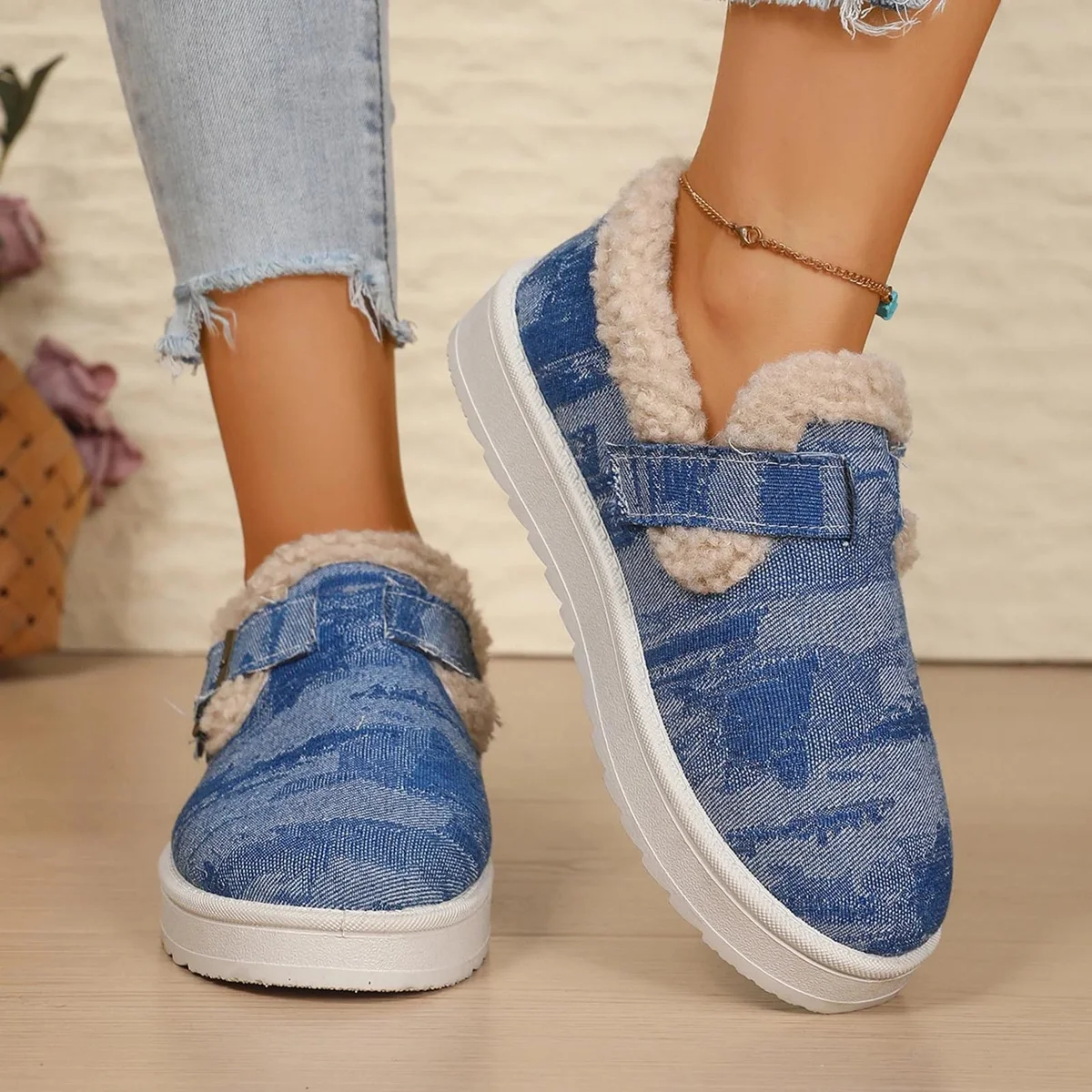 Denim Buckle Sheepskin Slippers — Cloud Slides