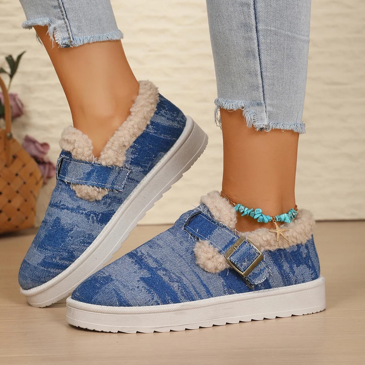 Denim Buckle Sheepskin Slippers