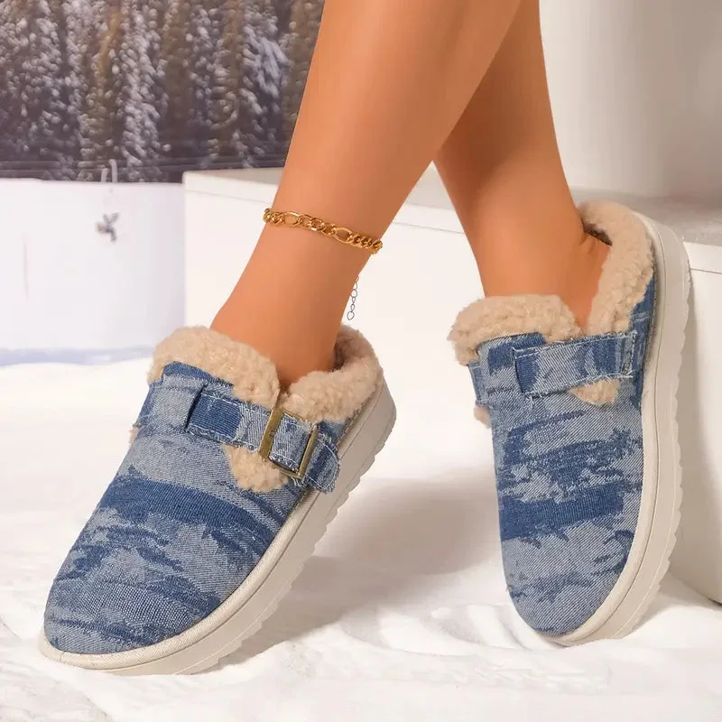 Denim Buckle Sheepskin Slippers