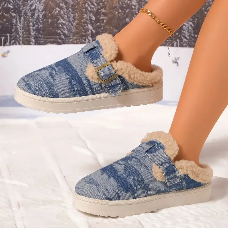 Denim Buckle Sheepskin Slippers