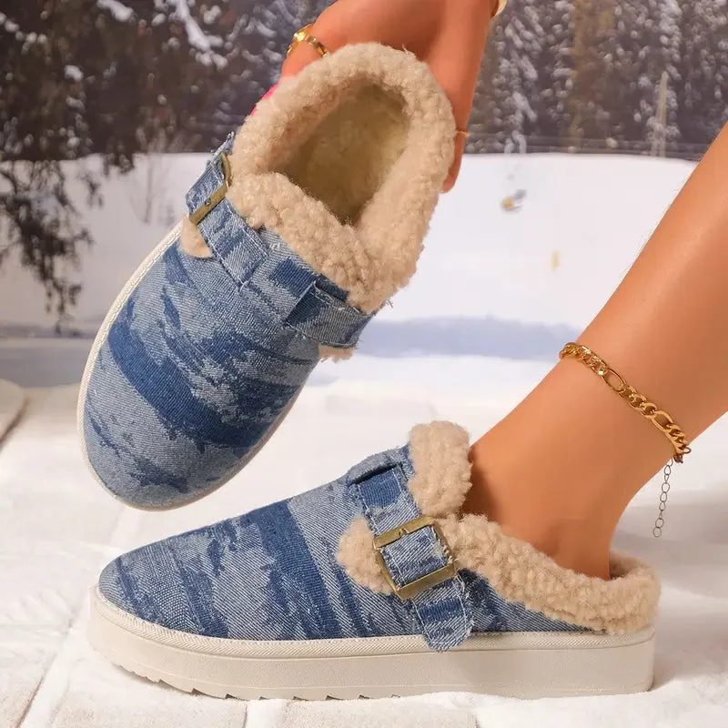 Denim Buckle Sheepskin Slippers