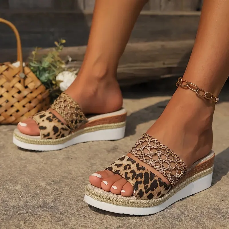 Fierce Leopard Wedge Sandals — Cloud Slides