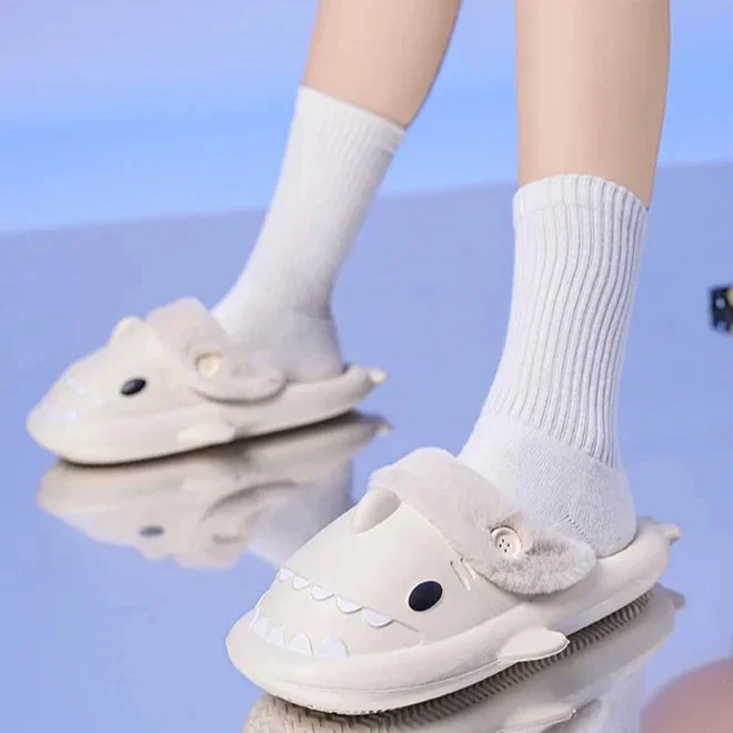 Fluffy Shark Slides Unisex Anti-Slip Winter Slippers