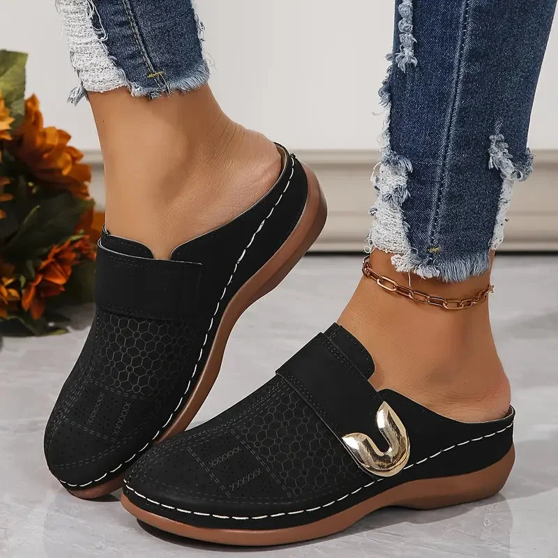 Golden Buckle Comfort Mules — Cloud Slides