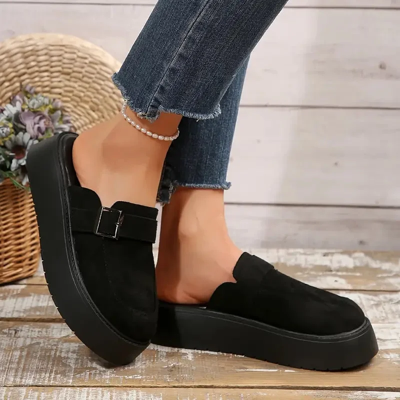 Midnight Buckle Platform Mules — Cloud Slides