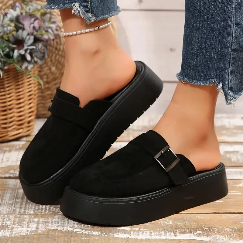 Midnight Buckle Platform Mules