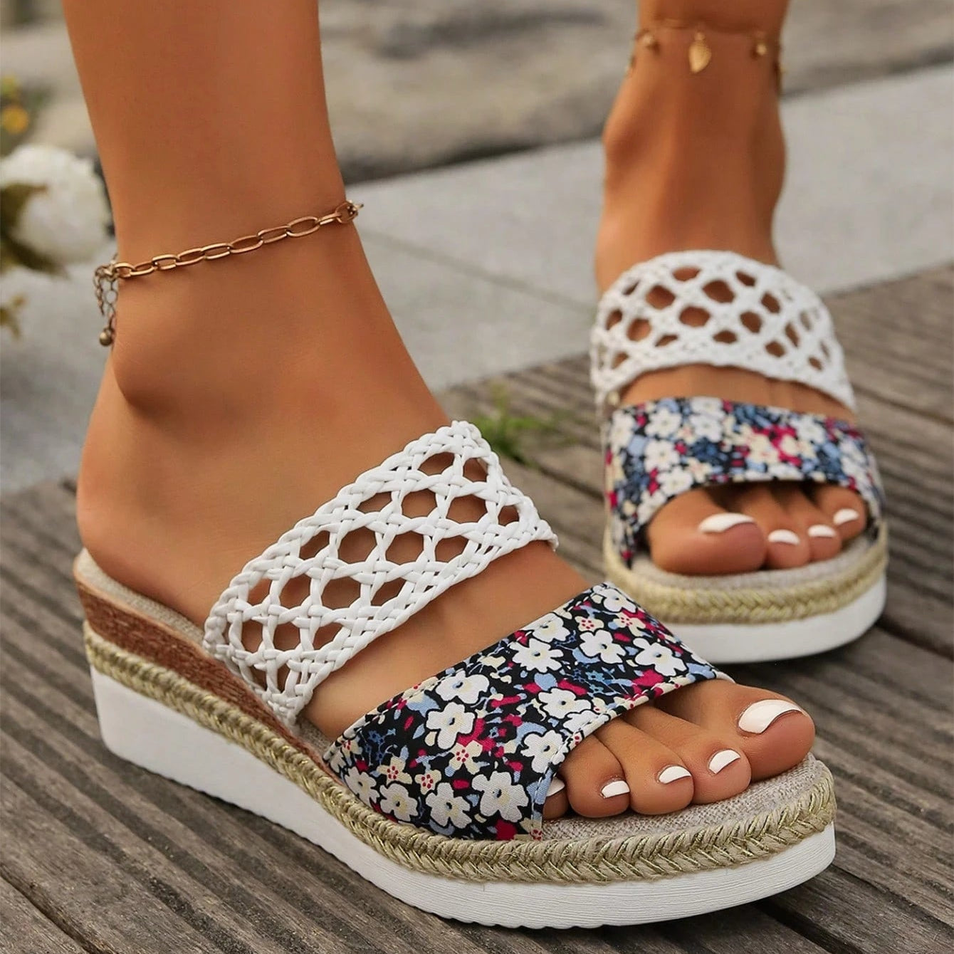 Straw Woven Wedge Sandals — Cloud Slides